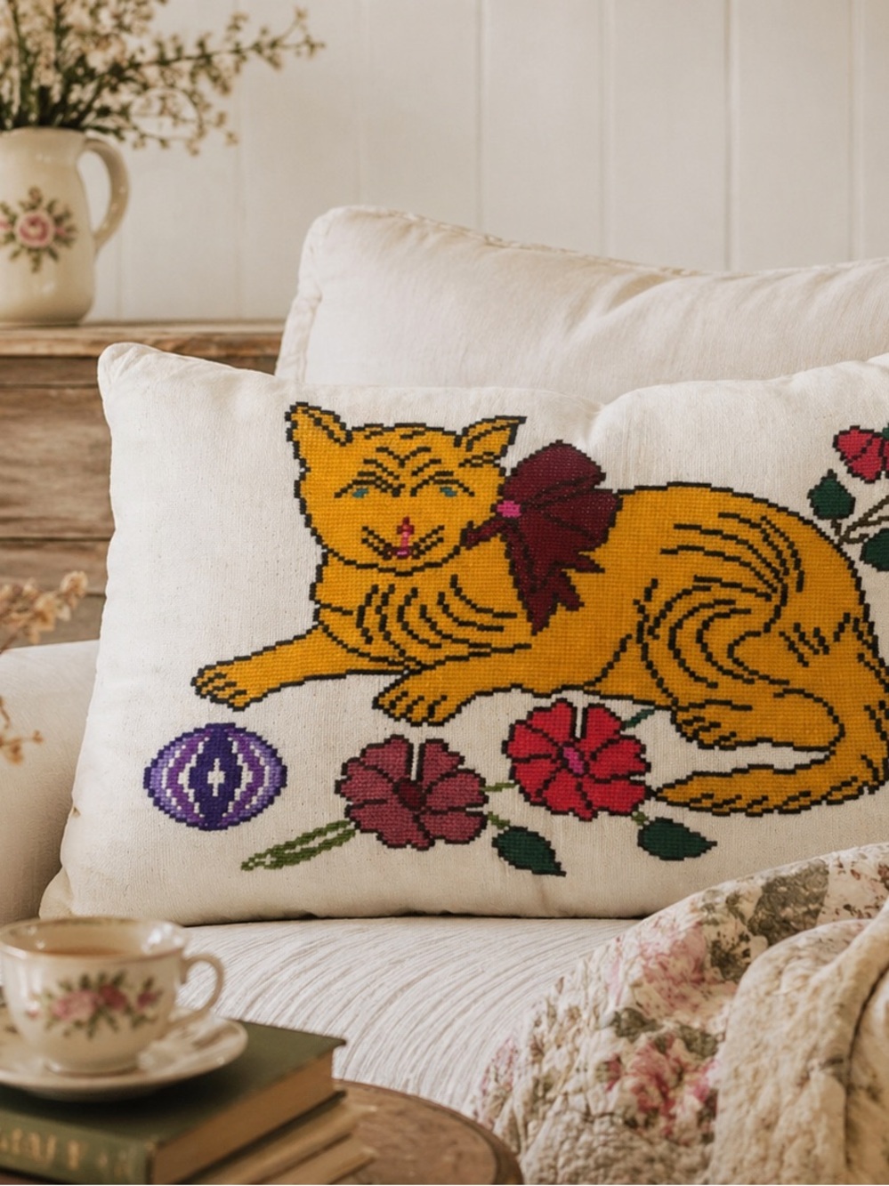Vintage Handmade Cross Stitch Cat Pillowcase Floral Embroidery Cottagecore Boho